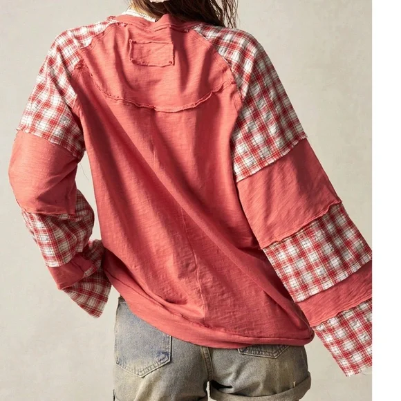 Boho Floral Print Plaid Print Heart Peach Sign Color Block Top - Picture 4 of 6